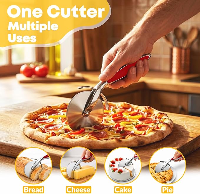Pizza Cutter Wheel, Sharp Stainless Steel Pizza Slicer with Finger Guard, Non-Slip Comfortable Handle, Multi-Purpose Kitchen Cutter for Pizza, Pie, Dough and Pastry, Easy to Clean,Red