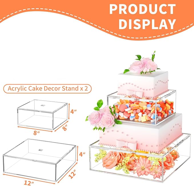 2PCS Clear Acrylic Cake Stand, Fillable Cake Box Riser Cake Tier, Square Cake Display Box with Lid, Decorative Centerpiece Box for Wedding Birthday Party (2pcs, 12" Dx4” H; 8" Dx4” H, 2M LED Lights)