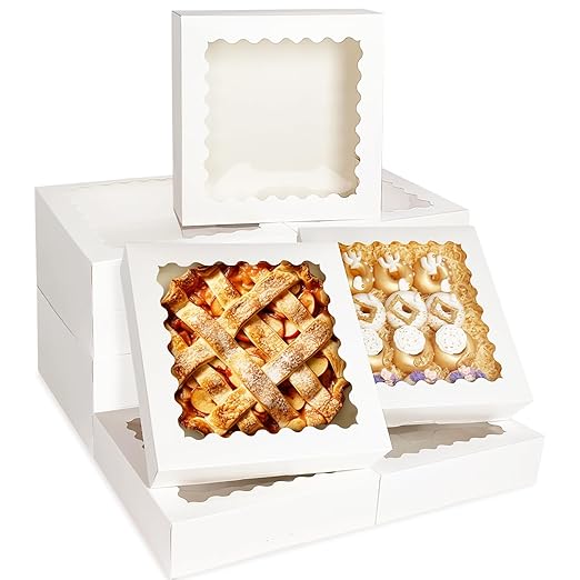 Bakepacker 10pcs White Pie Boxes 12x12x3 inches Easy Assemble Macaroon Cookie Boxes Bakery Boxes with Window for Bakery (Auto-pop Up)