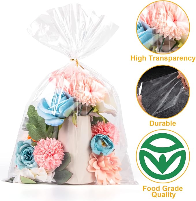 50pcs Cellophane Bags 12x18 Cellophane Wrap Goodie Bags Large Clear Gift Bag Party Favors Bag Clear Treat Wraps with Ties Plastic Gift Packaging Wraps for Cookie Candy