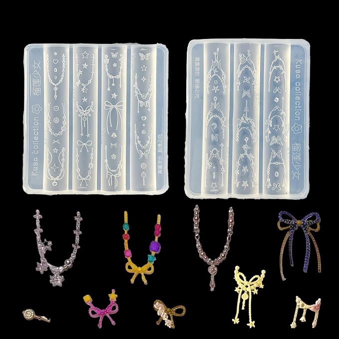 2Pcs 3D Nail Art Silicone Molds, Jewelry Necklace Chain Charms, Bow Star Pendant for UV Gel Acrylic DIY Craft Supplies