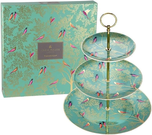 Portmeirion Sara Miller London Chelsea 3 Tier Cake Stand | Green Tiered Dessert Stand for Serving Pastries, Cupcakes, and More | Made from Fine China with Gold Detail | Handwash Only