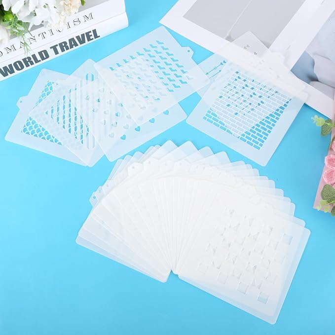 25 PCS Cookie Stencils Set, Reusable Baking Stencils with Checkered Heart Polka Dot Honeycomb Line Brick Star Patterns for Royal Icing Cake Decorating DIY Airbrush Templates for Cookies Coffee