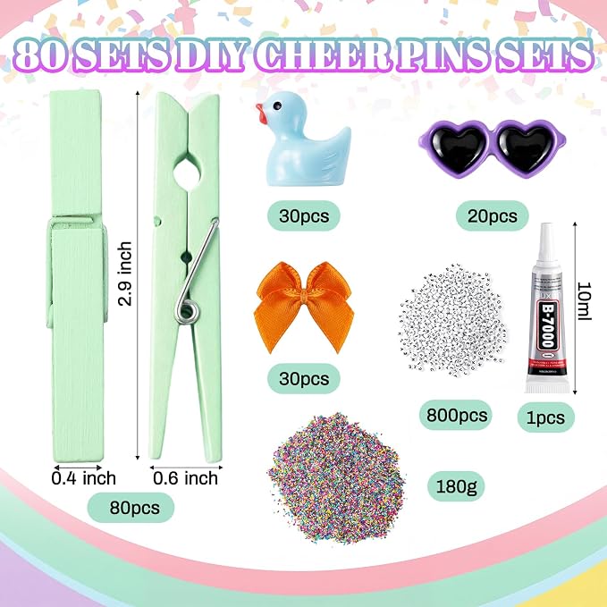 Geelin Cheer Pins Kit with 80 Pcs Spirit Clips, 800 Letter Beads, 30 Ducks, 30 Bows, 20 Sunglasses, Glue, Decoration for Cheerleaders, Volleyball Team Gifts Bulk Stuff DIY Charms(Macaron Colors,Cute)
