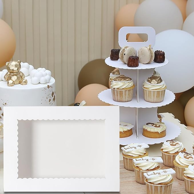Mefleet 25pcs 19x14x5 Half Sheet Cake Boxes with Window Rectangle 1/2 Sheet Bakery Boxes for Pastry Baking Cake, Cupcakes, Donuts, Cookies, Pie Treat Packaging White Large