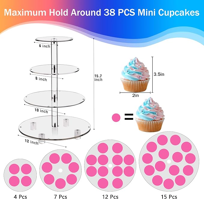 YestBuy 4 Tier Round Cupcake Stand – Premium Cupcake Holder – Acrylic Cupcake Tower Display – Display for Pastry + LED Light String – Ideal for Weddings, Birthday Parties & Events (Multicolored)