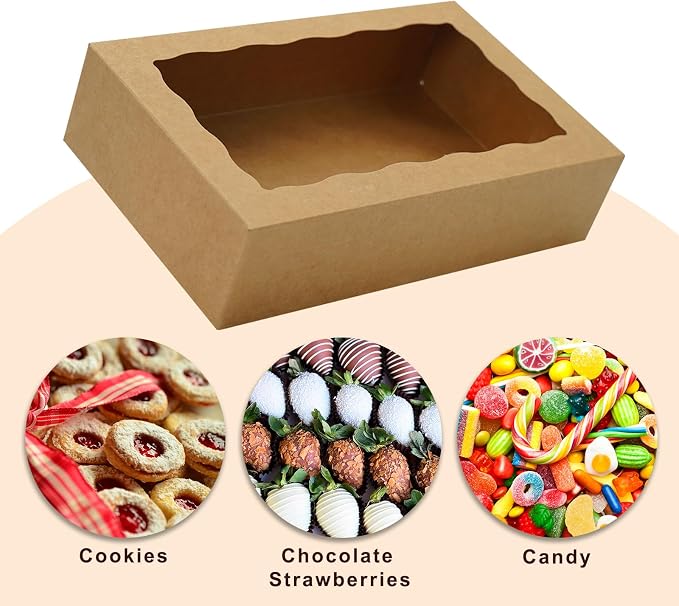 20pcs 8x5x2 Inch Cookie Boxes Bakery Boxes with window Chocolate Covered Strawberries Box Treat Box for Macaroon Dessert Pastry Muffins-Brown