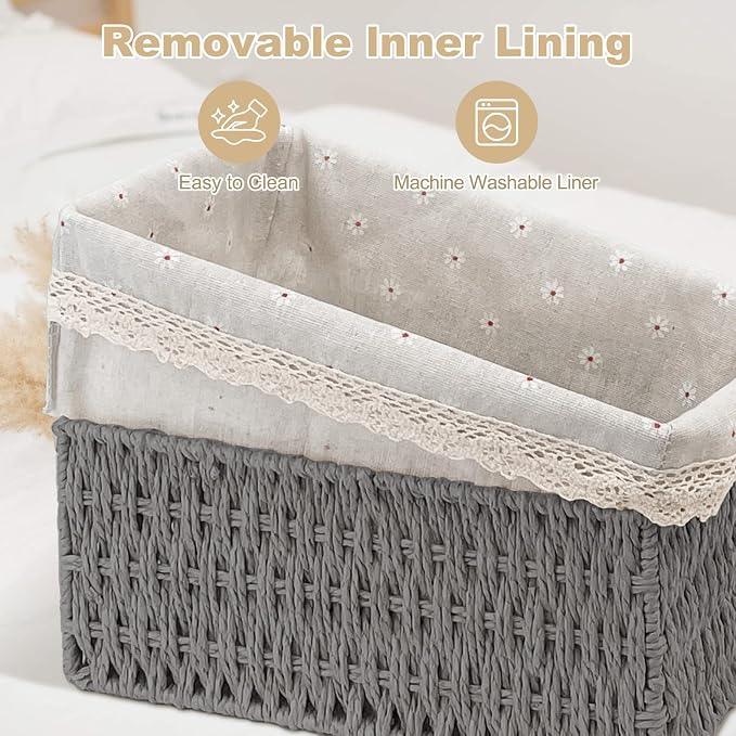 Wicker Storage Baskets 3-Pack Set, Hand-Woven Paper Rope Rattan Bins with Removable Liner, Multi-Size Organizer Baskets for Pantry, Countertop, Bedroom, Bathroom, Shelves (Grey, L+M+S)
