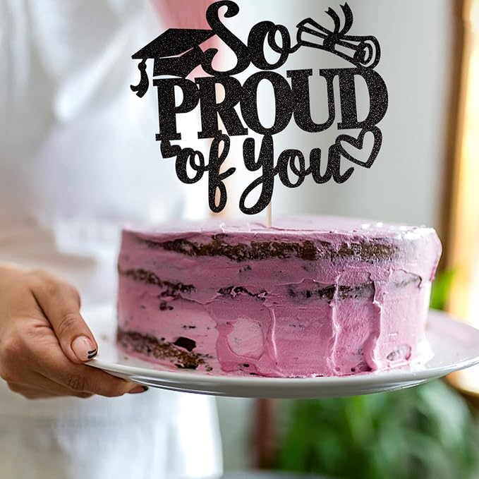 1 Pack So Proud of you Cake Topper with Gold Glitter Diploma Graduation Cap Cake Pick Contrats Class of 2024 Cake Decorations for 2024 Graduation Theme High School Boys Girls Graduate Party Black