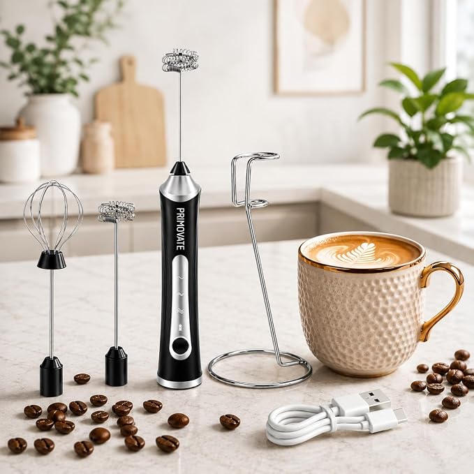 Rechargeable Milk Frother Handheld, Electric Coffee Frother with 2 Whisk, 3-Speed Powerful Drink Mixer, USB-C, Milk Foamer for Coffee,Latte,Cappuccino,Matcha & HotChocolate (Black+Stand)