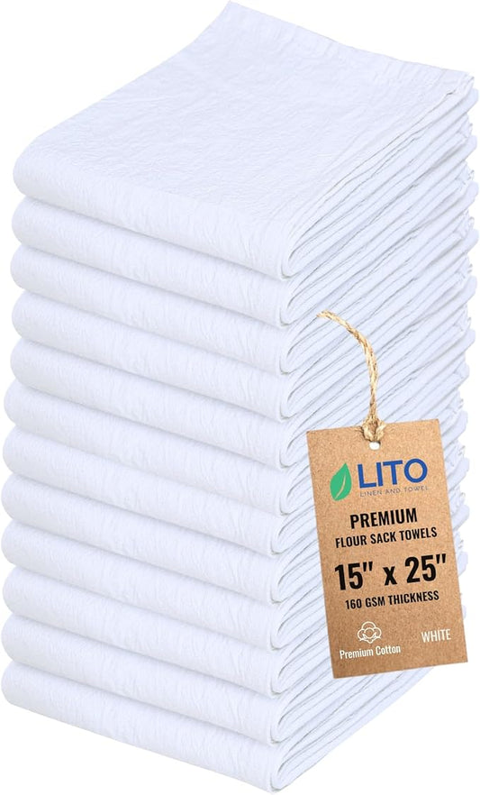 Flour Sack Towels | Tea Towel for Crafts| Kitchen Dish Cotton Blank Towel for Embroidery| Baking Bread Proofing Linen Cover| Thick Absorbent Quick Dry| 12 Pack 15"x 25" White