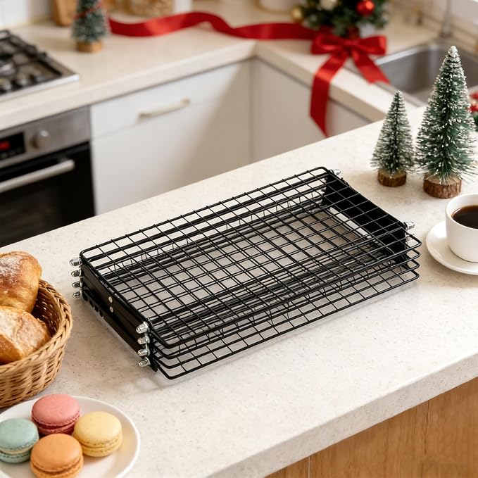 4 Tier Collapsible Cooling Rack - 3 Setting Design, Adjustable Stackable Wire Cooling Racks for Baking, Outdoor Camping Picnic Shelf, Wire Cooling Rack for Baking, Cookies, Cake, BBQ, Drying Rack