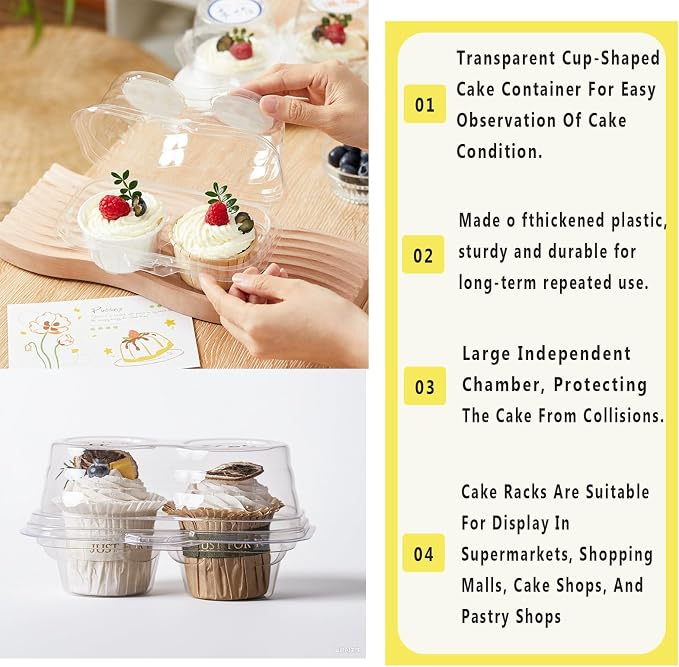 2-Cavity Clear Cupcake Containers Plastic Muffin Container(60pc) | 2-Compartment Clear Plastic Cupcake Cartons, 2-Count Cupcake storage Containers,CupCake Boxes for Baking, Parties & Picnic.