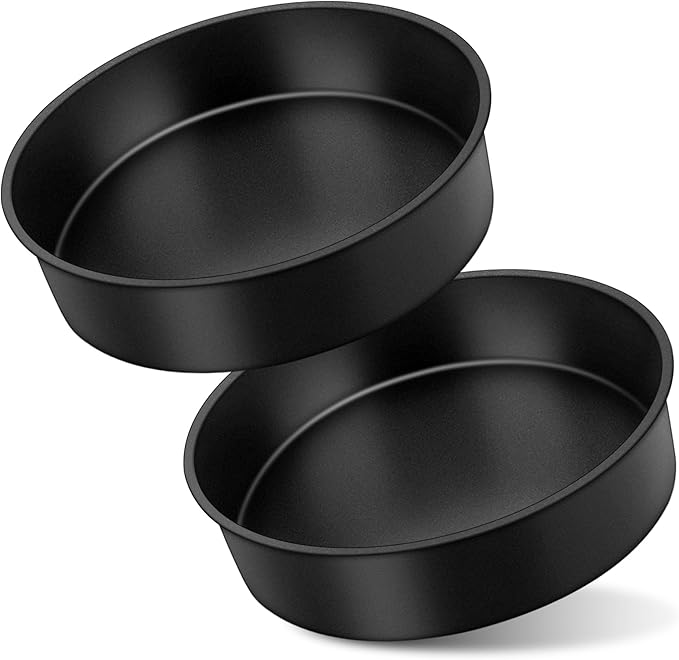 E-far 8x2 Inch Cake Pan Set of 2, Nonstick Round Cake Pans Tins for Baking Birthday Wedding Layer Smash Cakes, Stainless Steel Core & Nontoxic Coating, Straight Side(Black)