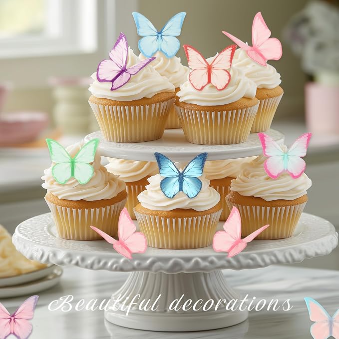 48Pcs Edible Cake Toppers, Wafer Paper Butterfly Cake & Cupcake Decorations Colorful Butterflies for Wedding Birthday Party Cake Cupcakes Decorating