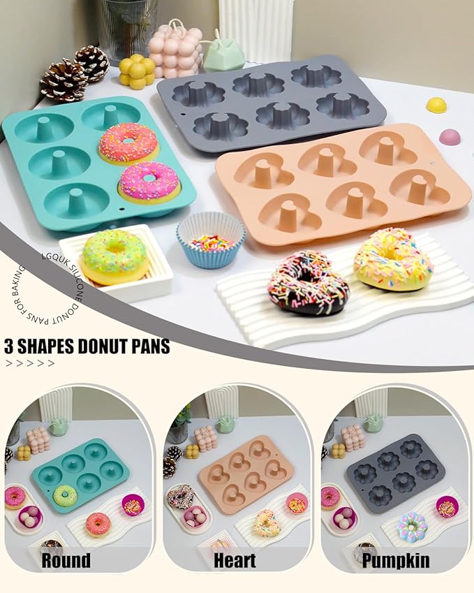 3 Pack Silicone Donut Pan for Baking, Non-Stick Doughnut Pan, 6 Cavity Fluted Tube Cake Silicone Mold for Baking (Blue+Gray+Pink)