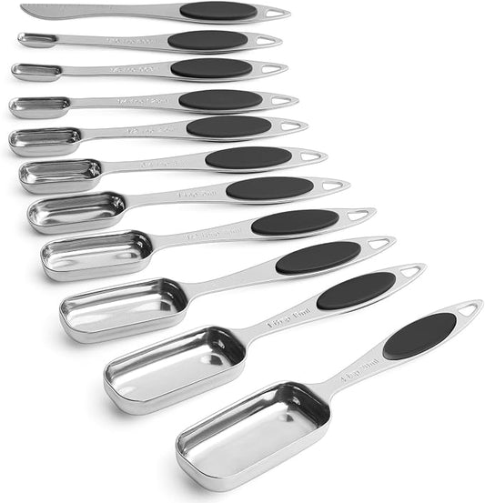 Magnetic Measuring Spoons Set of 11 with Leveler, Measuring Spoons Stainless Steel Rectangular Metal Teaspoon for Dry & Liquid Ingredients (Black)