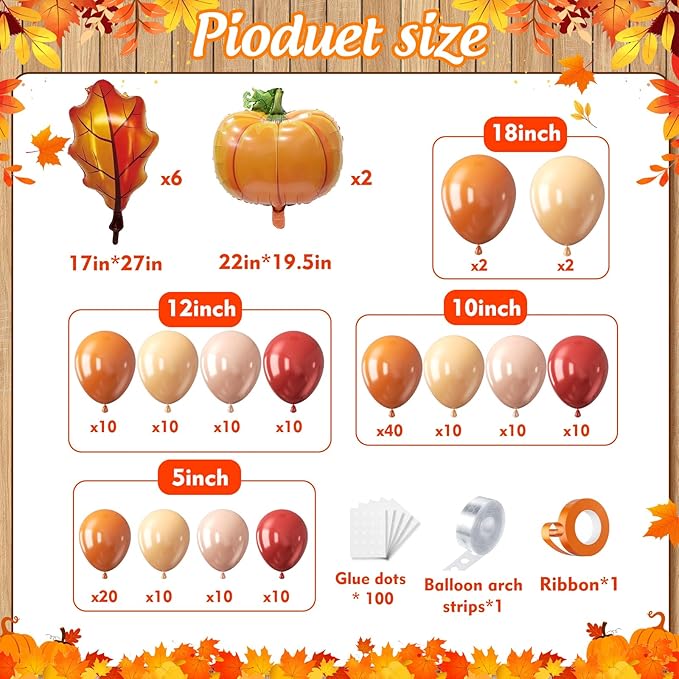 Fall Balloon Arch Garland Kit 172pcs with Leafs Pumpkins, Thanksgiving Balloons Arch Orange Nude Burgundy Rose Gold Balloons Different Sizes for Little Pumpkin Birthday Baby Shower Decoration