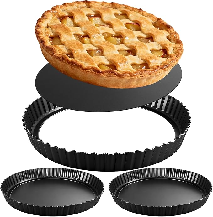 Tart Pan 2 Pack, 9 Inch Non-Stick Carbon Steel Pie Pan, Tart Pans with Removable Bottom -Top 9.5 inches, bottom 9 inches, 1.2 inches deep - Perfect Molds for Making pie, Fruit Tarts with Grooved Edges