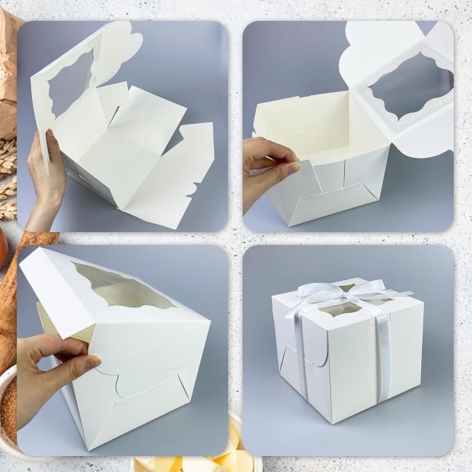 KEEPARTY 25PCS 6x6x5 Inches White Bakery Boxes with Window Bulk Cardboard Pastry Boxes for Cookies Macaroons Pies Gifts and Birthday Party Elegant White Design Pastry Boxes