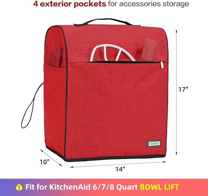 HOMEST Stand Quilted Mixer Cover with Zip Pocket for Kitchen Accessories | Fits KitchenAid 6/7/8 quart mixers, zipper pocket stores attachments and kitchen accessories, Red