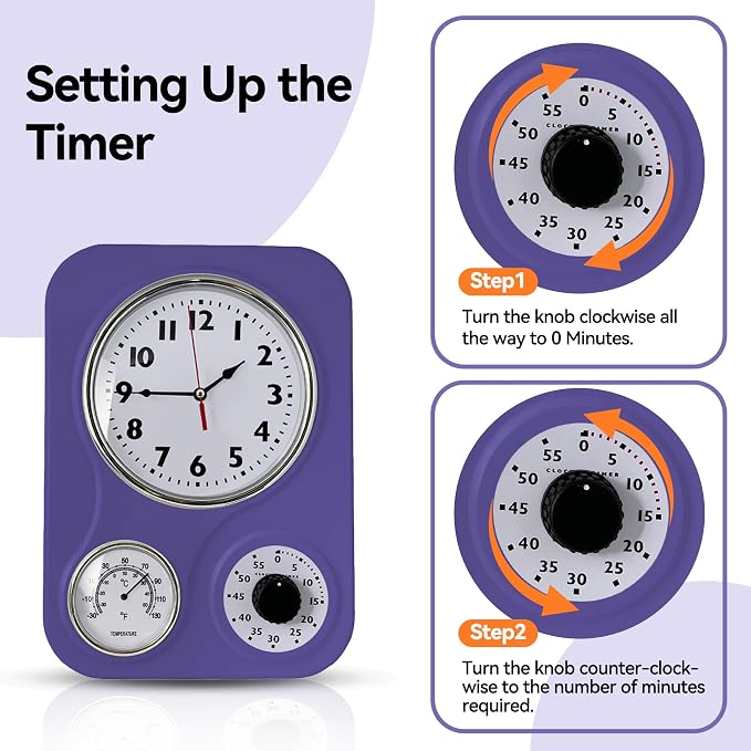 Lily's Home - 9 Inch x 12.5 Inch - Retro Kitchen Wall Clock, Vintage Wall Clock with a Thermometer and 60-Minute Timer, Ideal for Any Kitchen, Office, or Diner (Purple)