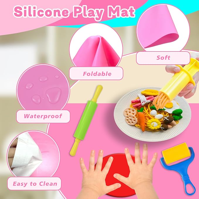 Playdough Tool Set, 31 Pcs Basic Play Dough Tools Kits for Kids, Dough Accessories Includes Pink Storage Container, Mat, 3D Animal, Cutters Roller, Rolling Pins, Safety Scissors