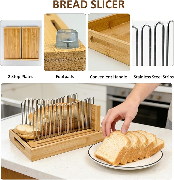 Bamboo Bread Slicer for Homemade Bread | Adjustable Width, Stainless Steel Slicing Guides, Crumb Tray, For Sourdough, Cakes, Loaves, Bagels