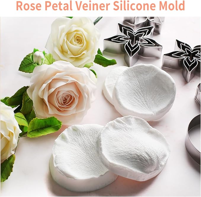 KALAIEN 3D Rose Petals Shape Silicone Fondant Mold Chocolate Molds Candy Molds Veining Petal Sugar Flower Making Tool
