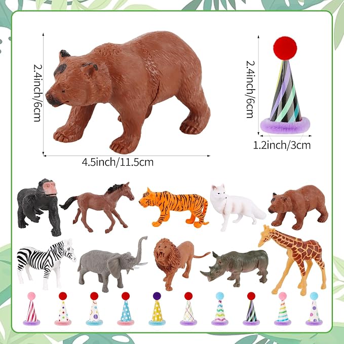 Hooqict 20 Pcs Jungle Animal Birthday Party Decorations Safari Animals Figures with Mini Birthday Hats Animal Cake Toppers for Kids Safari Cake Decorations Wild Zoo Themed Party Decorations