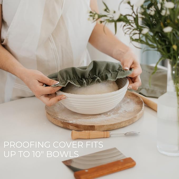 KIBAGA Beautiful Linen Bread Bag Set and Proofing Cover For Homemade Sourdough Bread - Keeps Your Loaf Fresh for Days - Reusable and Easy to Clean Storage Bag, The Perfect Baking Accessories
