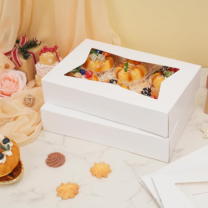 Moretoes 30pcs Auto-Popup Cookie Boxes, 12x8x2.5 Inches Bakery Boxes with 3 Style Windows for Chocolate Covered Strawberries, Donuts, Pastries,Cake Pops