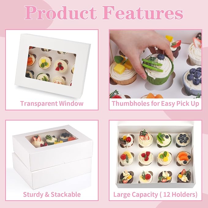Cupcake Box, Disposable Cupcake Container Bulk, Auto-pop up, 2 Pcs, White | Cupcake Holder Holding 12 Count Cupcakes, Cupcake Carrier with Window, Easy To Assemble, Transport and Store Cupcake, Sturdy