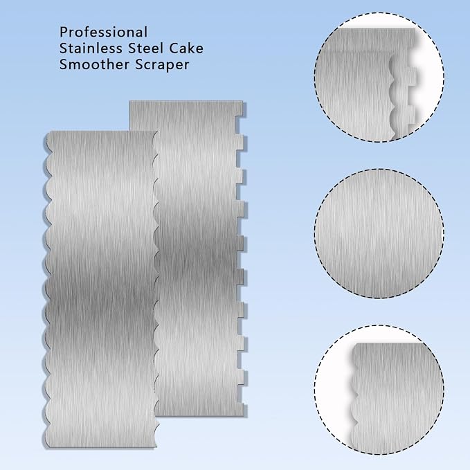 2 Piece 9 Inch Stainless Steel Cake Scraper, Cream Cake Scraper Sided Patterned Edge Stripe Edge Smoother Scraper Cake Smoother Frosting Scraper Cake Decorating Comb for Mousse Butter Cream