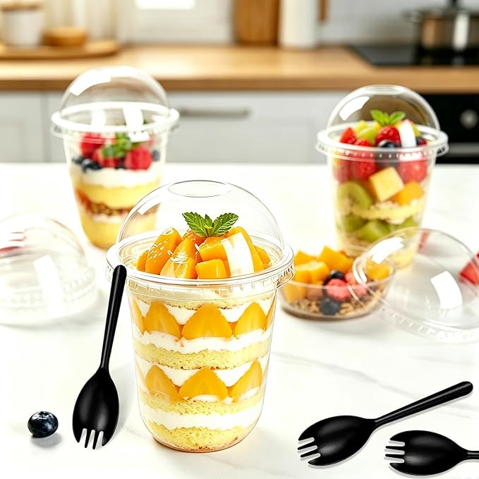 Jnnzzggu 50 Pack 16 oz Plastic Dessert Cups with Dome Lids | Clear No Hole, Includes Sporks, Disposable, For Pudding Parfait Fruit Cake