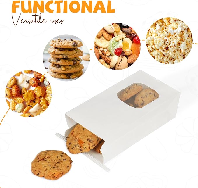 50 Pack Bakery Bags with Window, 3.9x2.3x8.2 Inches Tin Tie Tab Paper Cookie Bags White Small Gift Bag for Packaging Popcorn, Trail Mix, Treats, Snacks, Baked Goods, Party Favors | Grease Resistant
