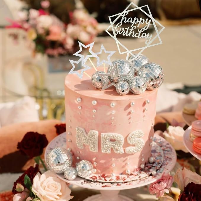 33Pcs Disco Ball Cake Toppers Silver Disco Balls Cake Decorations with Mirror Balls Happy Birthday Cake Topper and Star Cake Toppers for 70s 80s Disco Music Dance Themed Party Decorations Supplies