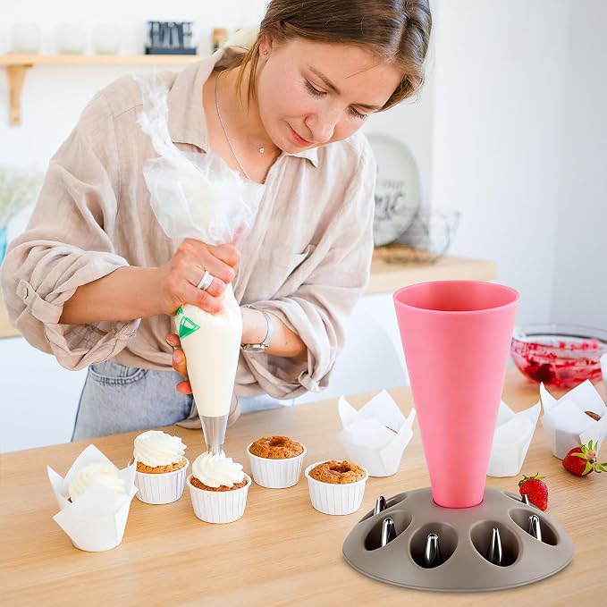 Piping Bag Holder Stand for Filling, Pastry Bag Stand with 8 Slots Nozzles, Plastic Pastry Bag Stand for Cake Decorating, Baking Accessories (Hot Pink)