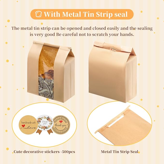 30 Pack Kraft Paper Bread Loaf Bags with Tin Tie Tab Lock, for Homemade Bread Loaf Bags 14" x 8.3" x 3.5", Sourdough Bread Bags with Clear Front Window for Baked Food Storage (30 Pack) | 30 Pack Bread Bags