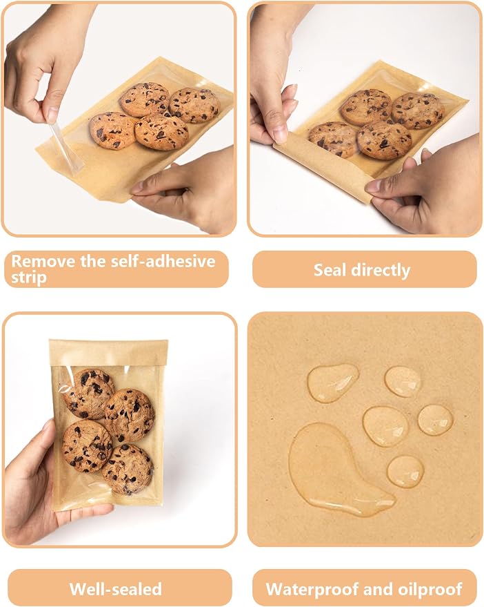 200 Pack Self Sealing Cookie Bags with Seal, 4x6 Inch Cookie Bags with Window for Gift Giving, Grease Resistant Bakery Treat Packaging for Candy, Snack, Scone, Brownie, Small Pastries and other Treats