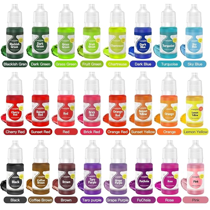 Food Coloring Liquid Set 24Colors: E-Kongton Food Dye Food Grade Vibrant Food Dye Tasteless for Baking, Decorating,Slime,Fondant, Icing,Cooking and DIY Crafts.35 Fl. Oz (10 ml) Each Bottles