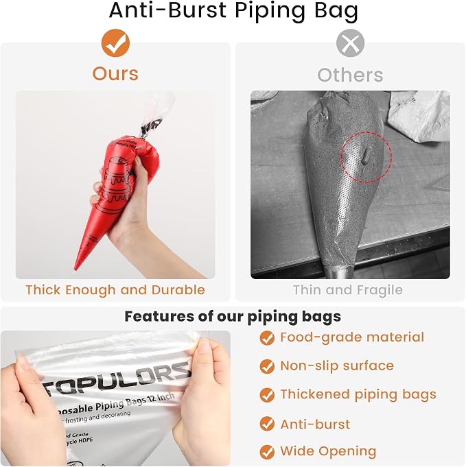TOPULORS Disposable Piping Bags, 12"H 14" Full Size, 100PCS Pastry Bags with Twist Ties, Extra Thick Tear Resistant Non-Slip Tipless Icing Bags, Easy Squeeze for Cake Cookie Frosting Decoration