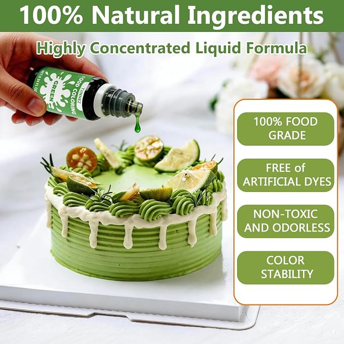 Natural Food Coloring, 8 Vibrant Liquid Food Dye, Artificial Dye Free & Plant Based Food Grade Color Set for Baking, Cake Decorating, Buttercream, Frosting & DIY Slime - 10ml per Bottle