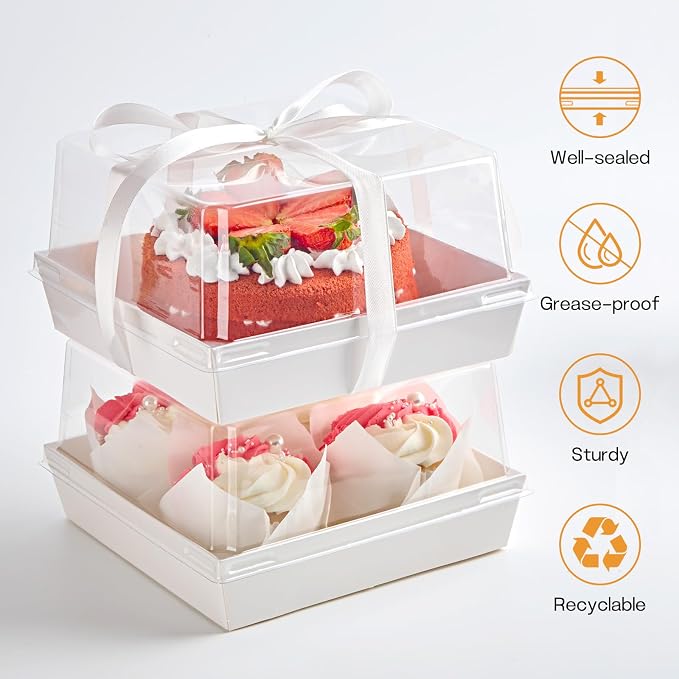 ZORRITA Paper Cake Boxes with Clear Lids, 7" x 7" x 4", 40 Pack, White | Disposable, Square Food Containers, For 4-6 Inch Cake, Dessert, Pie, Cupcake, Bakery, Charcuterie