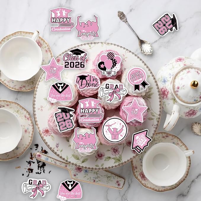 48pcs Edible 2026 Graduation Cupcake Toppers Wafer Paper Pink Class of 2026 Cake Decorations Edible Congrats Grad Cupcake Picks for 2026 Graduation Theme Party Cake Supplies