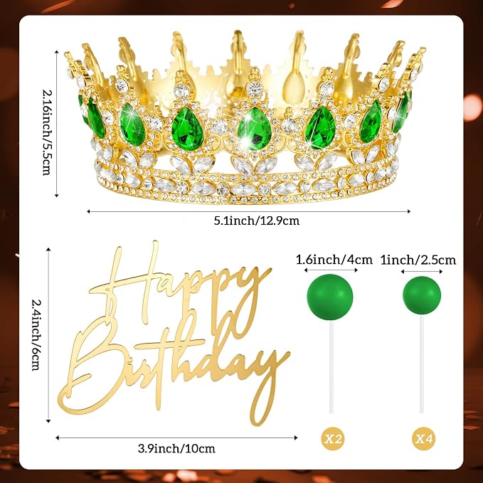 8 Pcs Gold and Green Queen Crown Birthday Cake Topper for Women Rhinestone Crystal Tiara Wedding Happy Birthday Cake Decoration Foam Balls Decor for Queen Princess Party Photo Props