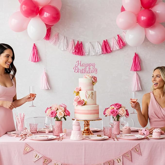 BEISHIDA Pink happy birthday Cake Topper, Happy Birthday Cake Bunting Decor,Birthday Party Decoration Supplies，Photo Booth Props
