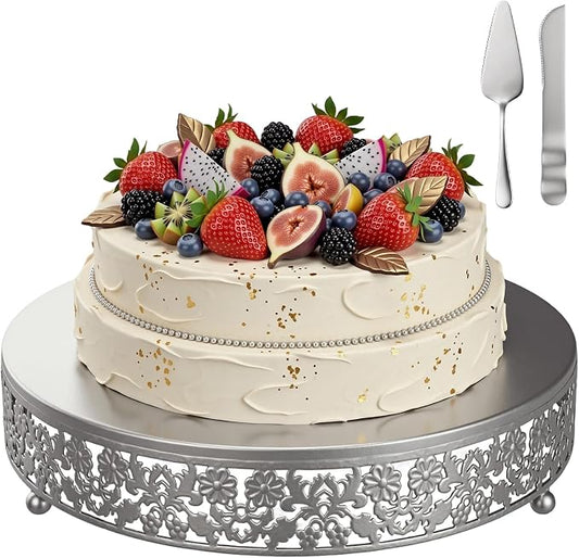 Wenqik 12 Inch Silver Cake Stand Set Metal Round Cupcake Dessert Stand with Cake Cutting, Flower Spatula Wedding Cupcake Pastry Display Candy Holder Display for Wedding Party Birthday Baby Shower