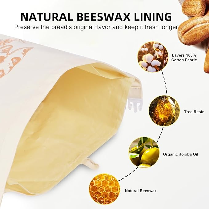 2-Pack XL Reusable Bread Bags For Homemade Bread With Removable Cotton Beeswax Lining, 13x17 Inches Ideal Bag For Home Baking