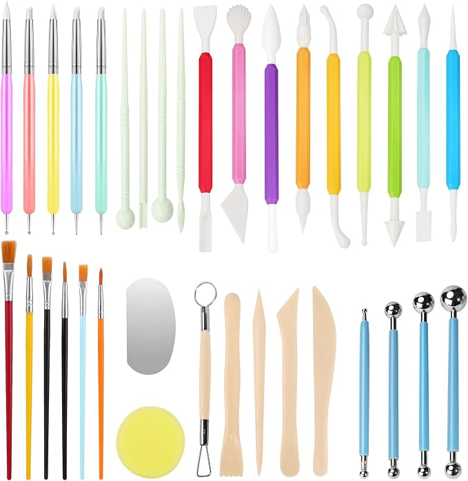Acantha 35 PCS Pottery Tools Kit, Professional Ceramic Sculpting, Carving, and Air Dry Clay Kit for All Ages - Includes Trimming, Dotting, Embossing, Scoring, Fondant, Painting and Polymer Clay Tools